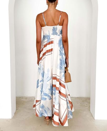 Women's Bohemian Floral Print Back Smocked Maxi Dress Sexy Spaghetti Strap Ruffle Swing Beach Long Dress