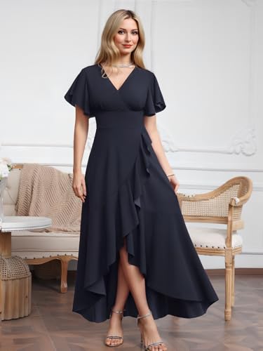 Long Formal Dresses for Women Elegant V Neck Wrap Ruffle Cocktail Wedding Guest Dress Evening Party Gown