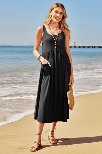 Women's 2024 Summer Sundresses Casual Beach Vacation Outfits Long Flowy Sleeveless Tank Maxi Dress with Pockets