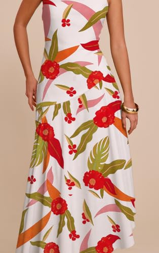 Women Floral Print Back Elastic Adjustable Spaghetti Straps Asymmetrical Hem Summer Cowl Neck Maxi Dress