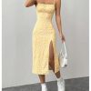 Women's Floral Spaghetti Strap Cami Dress Ruched Bust Slit Midi Dresses