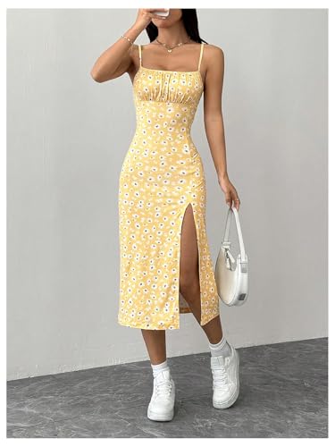 Women's Floral Spaghetti Strap Cami Dress Ruched Bust Slit Midi Dresses