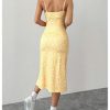 Women's Floral Spaghetti Strap Cami Dress Ruched Bust Slit Midi Dresses