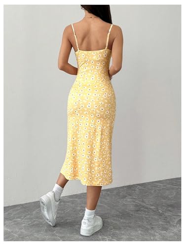 Women's Floral Spaghetti Strap Cami Dress Ruched Bust Slit Midi Dresses