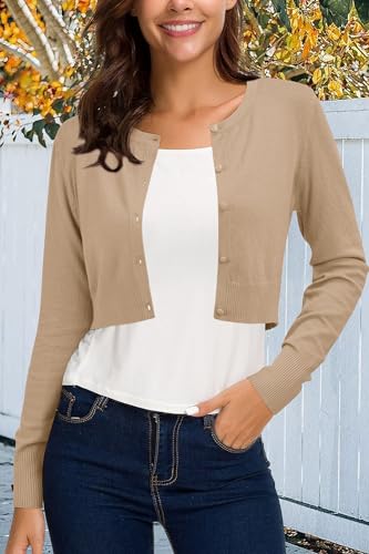 Cropped Cardigan Sweaters for Women 2025 Crew Neck Button Down Open Front Knit Bolero Shrugs