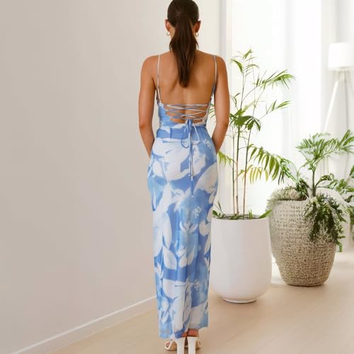 Women's Mesh Ruched Bodycon Dress Floral Spaghetti Strap Maxi Dress Stretch Sexy Backless Slip Long Dresses