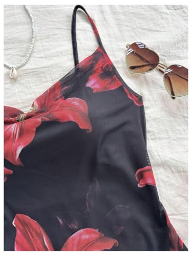 Women's Floral Draped Neck Cami Dress Backless Spaghetti Strap Short Dresses