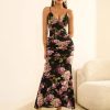 Women's Floral Wedding Guest Formal Maxi Dress Bodycon Spaghetti Strap V Neck Elegant Cocatail Dresses