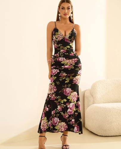 Women's Floral Wedding Guest Formal Maxi Dress Bodycon Spaghetti Strap V Neck Elegant Cocatail Dresses