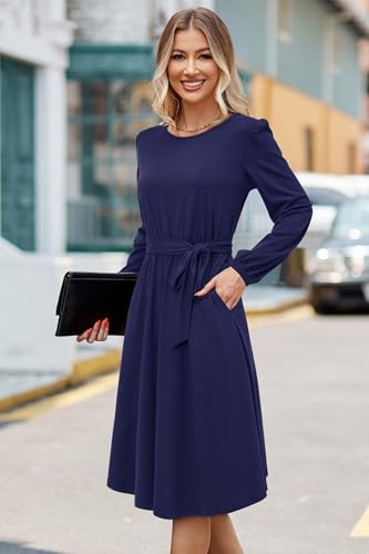Womens Long Sleeve Casual Dresses 2025 Business Work Teacher Fall Church Belted A Line Flowy Midi Dress