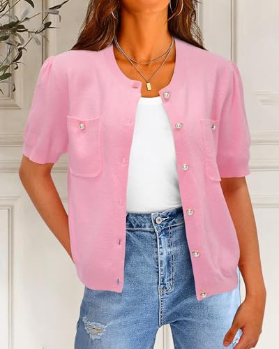 Womens Summer Cardigan Sweaters Lightweight Short Sleeve Button Down Shirts Ribbed Knit Blouse Tops 2024 Trendy