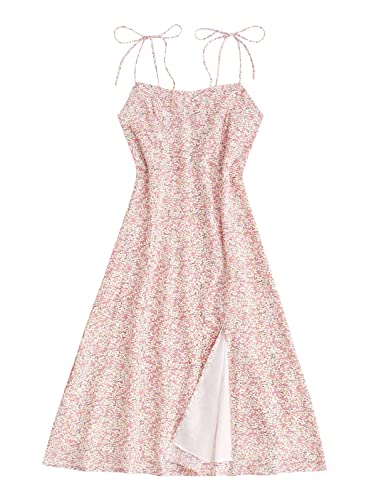 Women's Spaghetti Sleeveless Tie Shoulder Floral Print Strappy Sundress Casual Midi Dress