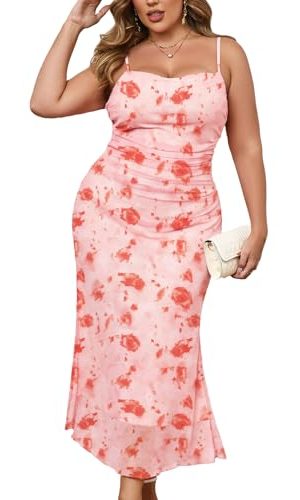 0X-4X Plus Size Ruched Mesh Dress Floral Bodycon Sleeveless Cami Dress Cocktail Pary Dating Winery