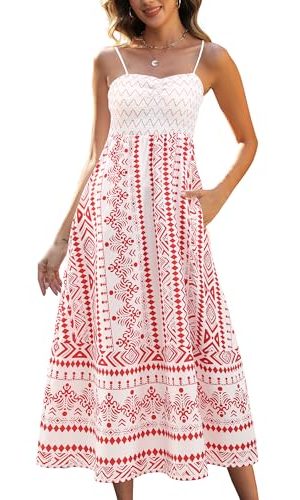 Women's Floral Print Maxi Dress,Spaghetti Strap Smocked Bodice A-Line Sundress with Pockets