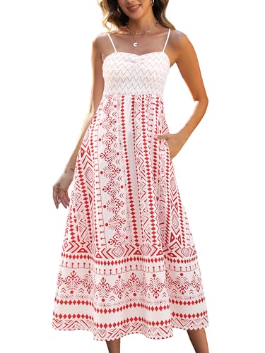 Women's Floral Print Maxi Dress,Spaghetti Strap Smocked Bodice A-Line Sundress with Pockets