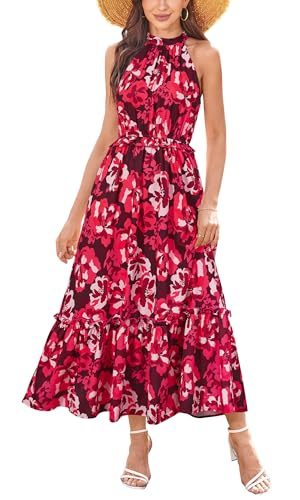 Womens 2025 Summer Vacation Outfits Halter Neck Floral Tiered Ruffled Flowy Casual Beach Boho Long Maxi Dress