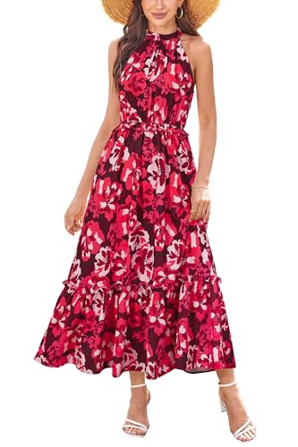 Womens 2025 Summer Vacation Outfits Halter Neck Floral Tiered Ruffled Flowy Casual Beach Boho Long Maxi Dress