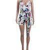 Women's Spaghetti Strap Romper Wrap Front V Neck Solid Shorts Jumpsuit with Belt