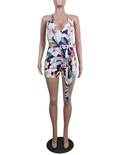Women's Spaghetti Strap Romper Wrap Front V Neck Solid Shorts Jumpsuit with Belt