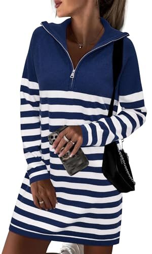 Women's Winter Sweater Dress 2024 Striped Long Sleeve Lapel Collar Chunky Knit Slouchy Oversized Sweaters