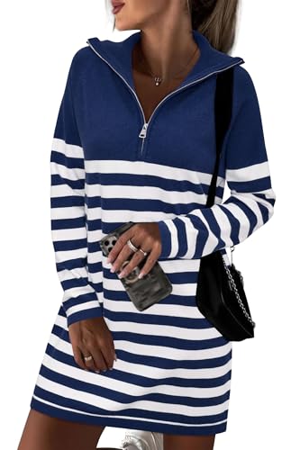 Women's Winter Sweater Dress 2024 Striped Long Sleeve Lapel Collar Chunky Knit Slouchy Oversized Sweaters