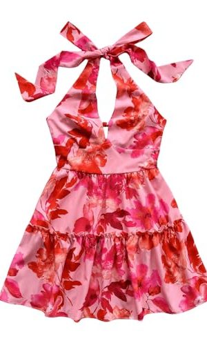 Women's Floral Print Sleeveless Halter Neck Layered Hem A Line Mini Dress