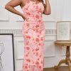 0X-4X Plus Size Ruched Mesh Dress Floral Bodycon Sleeveless Cami Dress Cocktail Pary Dating Winery