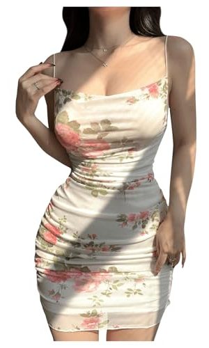 Women's Floral Print Bodycon Dress Ruched Sleeveless Spaghetti Strap Boho Mini Dresses