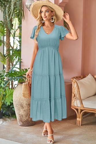 Women's 2025 Summer Boho Maxi Dresses Flutter Short Sleeve V Neck Casual Beach Wedding Guest Vacation Long Dress