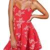 Women Floral Casual Tiered Mini Dresses Spaghetti Strap V Neck Backless A Line Swing Short Dress with Pockets