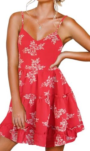 Women Floral Casual Tiered Mini Dresses Spaghetti Strap V Neck Backless A Line Swing Short Dress with Pockets