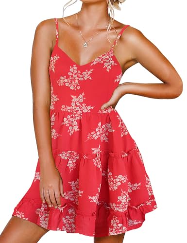 Women Floral Casual Tiered Mini Dresses Spaghetti Strap V Neck Backless A Line Swing Short Dress with Pockets