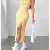 Women's Floral Print Split Thigh Midi Cami Dress Square Neck High Waist Slim Fit Summer Dress