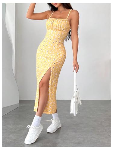 Women's Floral Print Split Thigh Midi Cami Dress Square Neck High Waist Slim Fit Summer Dress