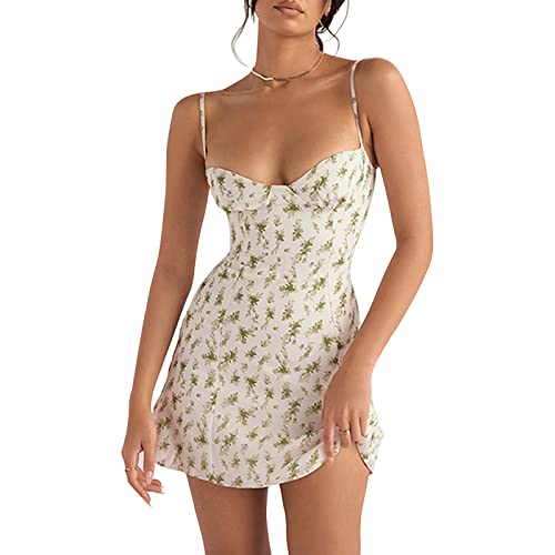 41CTcg2cK0L.jpg Women Floral Mini Dress Bohemian Spaghetti Strap Sleeveless Bodycon A-Line Dress Short Cami Swing Dress Clubwear Y2K