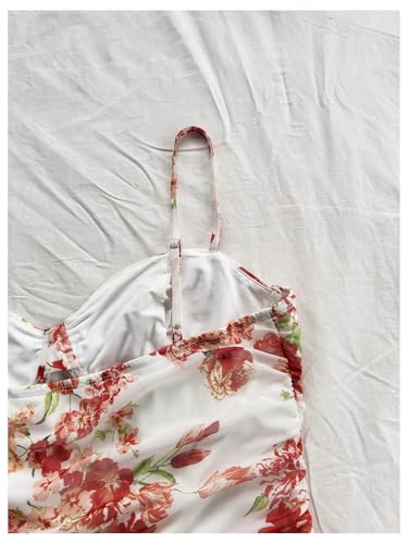 Women's Ruched Rose Print Cami Dress Spaghetti Straps Bodycon Mini Dresses