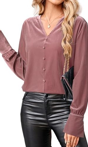Women's Velvet Smocked Dressy Casual Fall Outfits Long Sleeve Button Down Shirts Business Work Tops Trendy