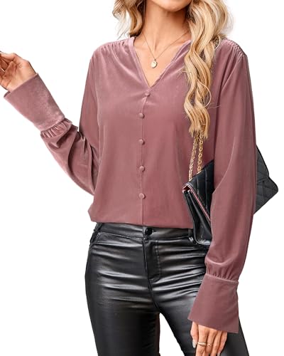 Women's Velvet Smocked Dressy Casual Fall Outfits Long Sleeve Button Down Shirts Business Work Tops Trendy