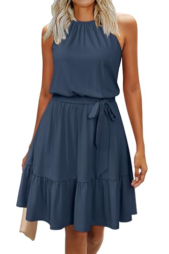 Womens 2025 Summer Dress Halter Wedding Guest Casual Beach Vacation Outfits Belted Sundresses with Pockets
