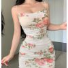 Women's Floral Print Bodycon Dress Ruched Sleeveless Spaghetti Strap Boho Mini Dresses