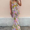 Women Sexy Strapless Printed Maxi Sleevless Slim Fit Tiered Chic Casual Holiday Dress