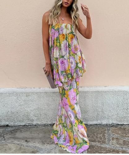 Women Sexy Strapless Printed Maxi Sleevless Slim Fit Tiered Chic Casual Holiday Dress
