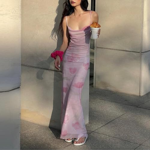 Women's 2025 Summer Dresses Floral Bodycon Maxi Dress Spaghetti Strap Backless Cocktail Party Long Dresses
