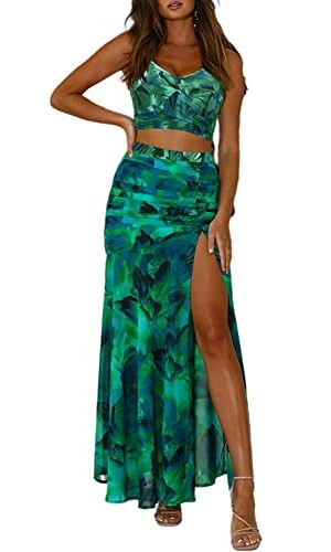 Women's Summer Floral Printed Spaghetti Strap Cami Top and Split Thigh Skirt Set Slim Fit Club Party Dress