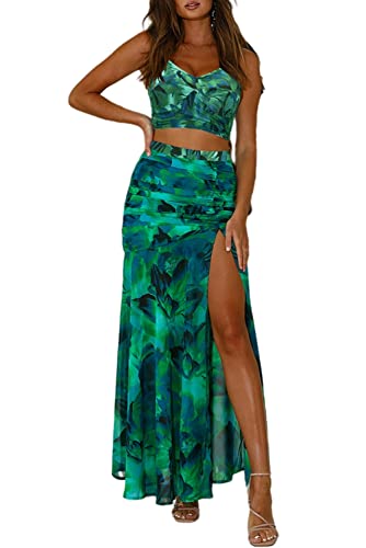 Women's Summer Floral Printed Spaghetti Strap Cami Top and Split Thigh Skirt Set Slim Fit Club Party Dress