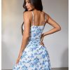 Women Boho Floral Ruched V Neck Cami Mini Dress Lettuce Trim Spaghetti Strap Short Dress