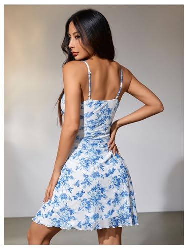 Women Boho Floral Ruched V Neck Cami Mini Dress Lettuce Trim Spaghetti Strap Short Dress