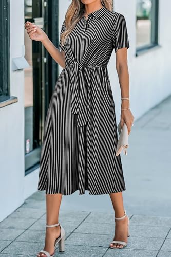 Womens Wear to Work Teacher Business Casual Outfits Long Dresses Tie Waist Shirt Dress Attire with Pockets