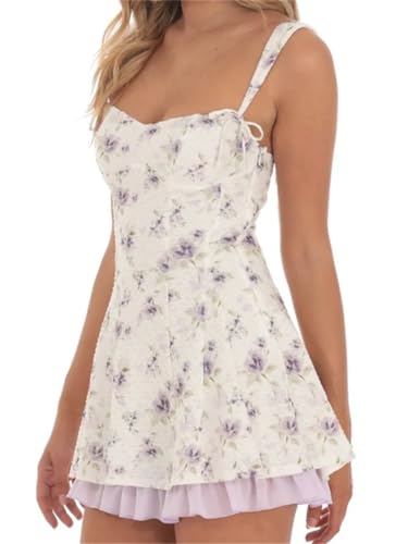Women's Floral A-Line Mini Dress Sleeveless Tie-Up Strap Low Cut Ruffles Hem Slim Dress Vestidos