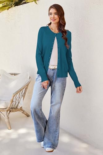 Women's Lightweight Button Down Cardigan Long Sleeve Casual Crew Neck Soft Knit Cardigans Sweater Tops